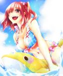  bare_shoulders bikini breasts cleavage onozuka_komachi open_mouth red_eyes red_hair redhead simons62166 solo straddle swimsuit touhou twintails water wet wink 