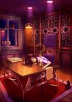  black_cat black_cat_(animal) blue_eyes braid brown_hair carpet cat chair cup desk flower flying_paper glasses gotoo_(acqua) head_rest highres lamp original paper purple reflection sitting solo steam teacup thigh-highs thighhighs window wink wooden_floor 