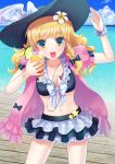  alha bikini bikini_skirt blonde_hair blue_eyes boardwalk bow bracelet braid breasts cleavage cloud cuffs digital_media_player drink earphones flower frilled_bikini frills front-tie_top hat ipod jewelry kirisame_marisa nail_polish navel ocean open_mouth skirt sky solo star star_print swimsuit touhou water 