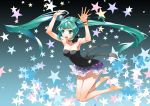  aqua_eyes aqua_hair armpits arms_up bare_legs bare_shoulders barefoot bracelet breasts choker collarbone dress feet floating_hair gradient gradient_background hatsune_miku jewelry justminor long_hair open_mouth skirt solo star strapless_dress twintails very_long_hair vocaloid 