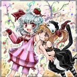  alternate_costume bare_shoulders blonde_hair blue_hair cat_tail flandre_scarlet food fruit hair_ribbon hat multiple_girls nanashii_(soregasisan) pantyhose red_eyes remilia_scarlet ribbon short_hair siblings side_ponytail sisters smile strawberry striped striped_legwear tail tarepanda touhou 