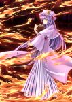  book bookshelf crescent dress fire flame hat highres library long_hair long_sleeves patchouli_knowledge purple_dress purple_eyes purple_hair pyrokinesis solo touhou violet_eyes voile zzz36951 