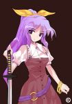  alphes_(style) kaoru_(gensou_yuugen-an) parody ponytail purple_hair solo style_parody sword touhou watatsuki_no_yorihime weapon 