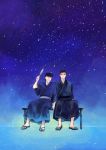  2boys black_hair family fan higashikata_jousuke japanese_clothes jojo_no_kimyou_na_bouken kimono kuujou_joutarou multiple_boys paper_fan pompadour sandals sky star_(sky) starry_sky toshi_(1040301) uchiwa yukata 