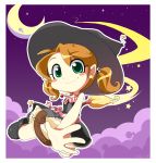  brown_hair cloud crescent_moon dress green_eyes hat jewelry moon necklace night original outstretched_hand samu-chan short_hair sky smile star twintails witch witch_hat 