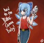  belt blue_eyes blue_hair cirno cosplay drawfag dual_wielding duke_nukem duke_nukem_(character) duke_nukem_(cosplay) english fairy_wings flat_chest gun jeans pistol solo tank_top touhou weapon wings ã¢â€˜â¨ 