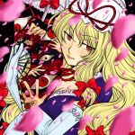  blonde_hair bloodshot_eyes blurry bow bust choker constricted_pupils depth_of_field dutch_angle elbow_gloves eyes fan frills gloves hair_bow hands hat hat_ribbon highres hina_(lady-hina) lips long_hair petals red_eyes ribbon ribbon_choker slit_pupils solo touhou yakumo_yukari 