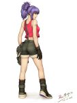  blue_hair crop_top earrings from_behind gloves highres jacket jacket_removed jewelry king_of_fighters leona_heidern looking_away pen-tropic pen_tropic_(pixiv) ponytail realistic shorts signature snk suspenders tattoo 