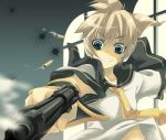  blonde_hair blue_eyes casing_ejection finger_on_trigger gun kagamine_len necktie shell_casing solo vocaloid weapon window 