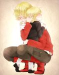  bad_id barnaby_brooks_jr belt blonde_hair boots child comforting dual_persona footwear glasses hanata hug jacket jewelry male multiple_boys necklace red_jacket short short_hair socks studded_belt tears tiger_&amp;_bunny time_paradox white_legwear young 