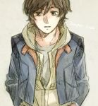  banagher_links brown_eyes brown_hair gundam gundam_unicorn hands_in_pockets hoodie jacket male short_hair solo sune34 