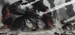  battle caterpillar_tracks desert dust explosion fire highres mecha military military_vehicle naknak no_humans original robot sand science_fiction smoke tank vehicle 