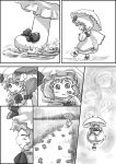  ^_^ bat_wings butterfly closed_eyes comic eyes_closed fang frog hat monochrome open_mouth puddle rain raincoat remilia_scarlet short_hair silent_comic smile snail solo tako touhou umbrella wings 