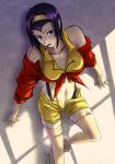  bare_shoulders breasts cigarette collarbone cowboy_bebop crop_top faye_valentine green_eyes hairband highres kzcjimmy midriff mouth_hold navel purple_hair shade short_hair shorts sleeves_rolled_up solo suspenders thigh-highs thighhighs tied_shirt 