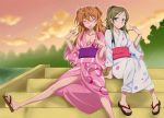  :o breasts cleavage closed_eyes crescent fanning hair_bobbles hair_ornament houjou_hibiki japanese_clothes kimono minamino_kanade multiple_girls nakahira_guy polka_dot precure sandals stairs suite_precure summer two_side_up 