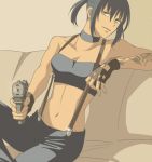  aiming_at_viewer alphard bare_shoulders black_hair breasts brown_eyes bustier canaan choker cleavage fingerless_gloves gloves gun handgun kurioneko lingerie midriff navel open_mouth pistol ponytail pov_aiming short_hair sitting smile solo suspenders underwear walther_p99 weapon 