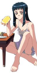  barefoot blue_hair eating face feet food highres legs long_hair neo_ranga official_art shimabara_yuuhi simple_background solo toast 