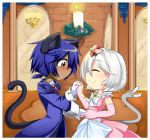  ^_^ animal_ears blue_hair blush bow brown_eyes buckle candle cat_ears cat_tail closed_eyes couple dancing dark_skin dress eyes_closed flower formal gloves hair_flower hair_ornament hand_holding holding_hands jewelry necklace necktie original ribbon samu-chan short_hair smile suit tail white_gloves white_hair 