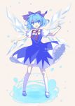 :d blue_eyes blue_hair bow cirno dress hair_bow ice kneehighs mary_janes open_mouth petticoat shoes short_sleeves smile solo standing touhou wings xingna 