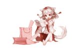  animal_ears bag bare_legs barefoot detached_sleeves fang feet happy hat inubashiri_momiji long_sleeves monochrome open_mouth reading red_eyes shopping_bag short_hair sigure_(drizzle) silver_hair simple_background sitting smile solo spot_color tail touhou translated translation_request wolf_ears wolf_tail 