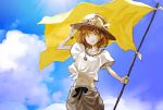  bad_id banpai_akira brown_eyes brown_hair cloud cover flag hat jewelry navel necklace original sky smile solo sun_hat sunglasses 