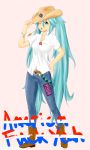  aqua_eyes aqua_hair belt belt_buckle boots chain cowboy_boots cowboy_hat drawfag english hand_on_hip hat hatsune_miku highres jeans long_hair magister magister_(bigbakunyuu) mouth_hold sleeves_rolled_up spring_onion straw very_long_hair vocaloid western wink work_in_progress 