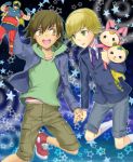 barnaby_brooks_jr blonde_hair brown_eyes brown_hair character_doll child green_eyes hand_holding holding_hands hoodie jacket kaburagi_t_kotetsu kanou kneehighs legend_(tiger_&amp;_bunny) male multiple_boys necktie shoes short_hair shorts sneakers tiger_&amp;_bunny toy white_legwear young 