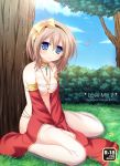  between_thighs blue_eyes blush breasts brown_hair choker cleavage cover cover_page detached_sleeves furukawa_lemon grass gypsy_(ragnarok_online) jewelry looking_at_viewer necklace o-ring_top ragnarok_online see-through short_hair sitting smile solo thighs tree under_boob underboob v_arms wariza 