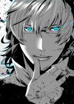  bad_id barnaby_brooks_jr blue_eyes face finger_to_mouth glasses glowing glowing_eyes male monochrome portrait s_tanly solo spot_color tiger_&amp;_bunny 