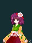  flower hair_flower hair_ornament hieda_no_akyuu japanese_clothes kaoru_(gensou_yuugen-an) kimono parody purple_eyes purple_hair style_parody touhou 