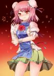  arm_grab bandage bandages blue_door blush bun_cover double_bun flower hair_bun ibara_kasen ibaraki_kasen lights pink_hair pink_rose red_eyes rose shackle shirt short_hair skirt smile solo touhou 