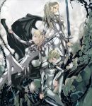  armor blonde_hair bodysuit braid cape cassandra_(claymore) claymore claymore_(sword) grey_eyes highres hysteria_(claymore) long_hair multiple_girls nyami outstretched_arm pointy_ears profile roxanne_(claymore) short_hair silver_eyes sitting sword twintails weapon 