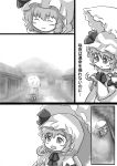  ^_^ closed_eyes comic eyes_closed fang hat monochrome open_mouth rain remilia_scarlet short_hair smile solo tako touhou town translated translation_request umbrella 