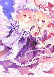  2girls blonde_hair bow breasts cherry_blossoms choker cleavage corset dress hair_bow hasimo hat japanese_clothes long_hair moon multiple_girls night obi open_mouth parasol petals pink_eyes pink_hair ribbon saigyouji_yuyuko short_hair smile touhou tree triangular_headpiece umbrella violet_eyes yakumo_yukari 