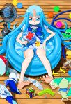  bare_legs barefoot beachball blue_eyes blue_hair coffret_(heartcatch_precure!) cure_marine electric_fan feet heartcatch_precure! hose kurumi_erika long_hair lowres magical_girl mahkn precure rubber_duck rubik&#039;s_cube shoes_removed wading_pool water_gun 