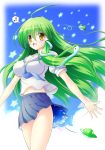  frog green_hair hair_ornament highres kochiya_sanae long_hair midriff mound_of_venus musical_note no_panties open_mouth osashin_(osada) school_uniform serafuku shin_osada smile snake solo touhou ufo upskirt yellow_eyes 