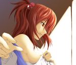  bare_shoulders breasts bust covering covering_breasts dressing foreshortening hair_bobbles hair_ornament hands lips murachou_sakamura off_shoulder onozuka_komachi profile realistic red_eyes red_hair redhead short_hair solo touhou twintails 