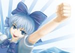  :d arm_up blue_eyes blue_hair bow bowtie cirno clenched_hand crystal fist hair_bow ice nazal open_mouth raised_fist short_hair smile solo touhou 