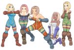  5girls alternate_color arms_behind_back bandages bare_shoulders bent_over blonde_hair blue_eyes blush bodysuit boots breast_squeeze breasts brown_eyes brown_hair bursting_breasts cleavage dark_skin fighting_stance final_fantasy final_fantasy_tactics frown gauntlets grin hips kneeling large_breasts leaning_forward monk_(fft) multiple_girls nervous open_mouth pigeon-toed pink_hair short_hair simple_background smile standing sweatdrop tsukudani_(coke-buta) violet_eyes white_background wide_hips yellow_eyes 