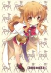  bow bowtie brown_eyes brown_hair buttons cape dog_days dog_ears dog_tail doujinshi highres leaning_forward long_hair looking_at_viewer miniskirt red_ribbon ribbon ricotta_elmar shoes skirt solo standing tail tokumi_yuiko 