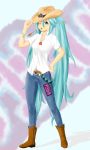  aqua_hair belt boots cowboy_boots cowboy_hat drawfag hat hatsune_miku highres jeans long_hair magister magister_(bigbakunyuu) mouth_hold sleeves_rolled_up spring_onion straw very_long_hair vocaloid western wink 