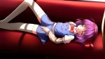  blush bow character_request closed_eyes couch dress female hairband highres mille purple_hair salvia short_hair sleeping solo thigh-highs thighhighs touhou uwabami_breakers white_legwear white_thighhighs zettai_ryouiki 