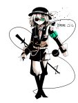  alternate_costume armlet belt boots carbonate character_name eyepatch green_eyes hat hat_ribbon highres komeiji_koishi military_uniform monochrome pants ribbon short_hair solo spot_color staff sword third_eye touhou translated uniform weapon 