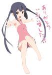  barefoot black_hair brown_eyes casual_one-piece_swimsuit errant face flat_chest foreshortening k-on! long_hair looking_at_viewer nakano_azusa one-piece_swimsuit outstretched_arms outstretched_hand perspective smile spread_arms swimsuit translated twintails 