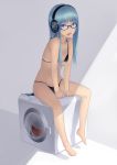  ac_(eshi) arm_support bare_legs bare_shoulders barefoot bikini black_bra black_panties blue-framed_glasses blue_eyes blue_hair bra digital_media_player feet female glasses headphones highres ipod lingerie long_hair looking_at_viewer open_mouth original panties shade shadow sitting sitting_on_object solo swimsuit toes underwear underwear_only washing_machine 
