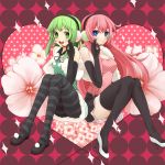  blue_eyes convenient_leg earmuffs flower green_eyes green_hair gumi happy_synthesizer_(vocaloid) headset highres megurine_luka open_mouth pantyhose pink_hair polka_dot sitting skirt smile striped striped_legwear tawara_hiryuu thigh-highs thighhighs vocaloid 