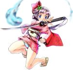  dual_wielding japanese_clothes japanese_dress kannazuki_hato katana konpaku_youmu konpaku_youmu_(ghost) miniskirt panties pantyshot reverse_grip sandals short_hair silver_hair simple_background skirt solo striped striped_panties sword tanto toes touhou underwear weapon 