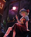  arm_up ascot blonde_hair candlestick cloud cloudy_sky dress flandre_scarlet full_moon hat licking_lips m-ya moon oil_painting_(medium) red_dress red_eyes short_hair side_ponytail sitting slit_pupils solo the_embodiment_of_scarlet_devil tongue tongue_out touhou traditional_media window wings wrist_cuffs 
