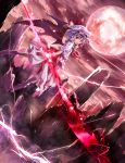  afraco ascot bat_wings blood blood_in_mouth blood_on_face blue_hair duplicate full_moon highres moon red_eyes red_moon remilia_scarlet shirt short_hair skirt skirt_set sky solo sparks spear_the_gungnir touhou turning wings wrist_cuffs wrist_ribbon 