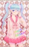  adjusting_glasses argyle argyle_background bad_id bandaid bespectacled blue_eyes doily frills gathers glasses hatsune_miku heart hibaarborvitae lots_of_laugh_(vocaloid) ruffles sailor_collar skirt solo star twintails vocaloid 